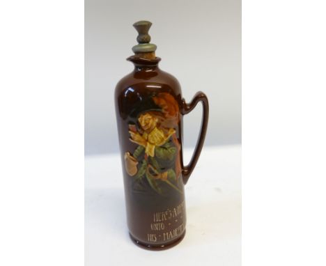 ROYAL DOULTON/DEWAR'S WHISKY CAVALIER KINGSWARE POTTERY FLASK, of footed cylindrical form with Dewar's Whisky thistle pattern