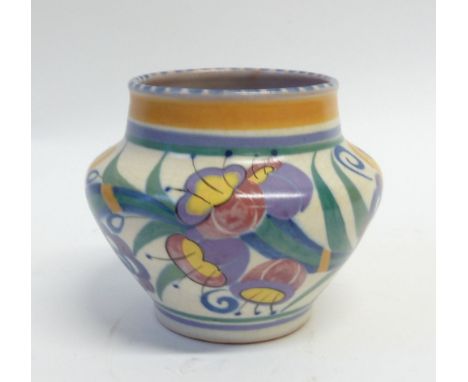 CARTER, STABLER, ADAMS, POOLE POTTERY VASE, oviform with short tapering neck, floral painted in colours beneath a blue dashed