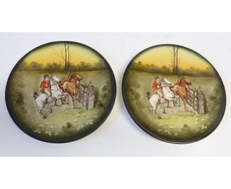MATCHING PAIR OF FIELDING AND CO., SOLEILIAN POTTERY HUNTING PLATES, 9 1/2" (24.1cm) diameter, printed mark (2) 