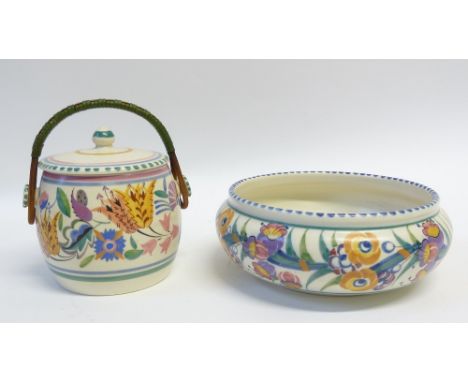 TWO PIECES OF POOLE POTTERY floral painted in colours beneath dashed rims, comprising swing handled BISCUIT BARREL and COVER,