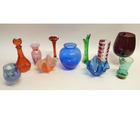 ELEVEN PIECES OF 20th CENTURY COLOURED GLASS including two handkerchief vases, 4" (10.2cm) high; bark textured specimen vase,