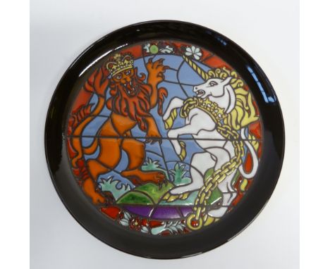 POOLE POTTERY LIMITED EDITION ROYAL COMMEMORATIVE WALL PLAQUE, 1977, decorated in colours with a stylised Royal Crest, 12 3/4