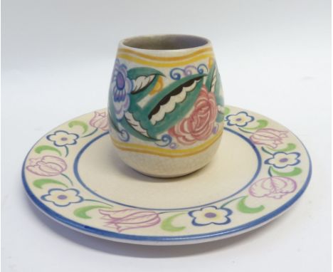 TWO PIECES OF CARTER, STADLER, ADAMS, POOLE POTTERY comprising tapering footed VASE, painted initials FQ and incised no. ?87,