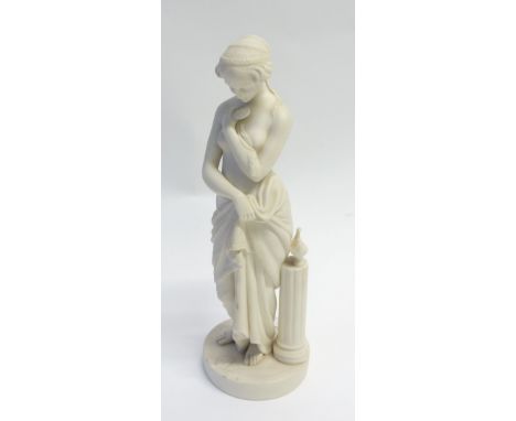 20th CENTURY PARIAN SEMI-NAKED FEMALE FIGURE, modelled standing beside a pedestal and oil lamp, on a circular base, 13" (33cm