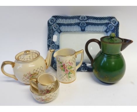 BOXED SET OF SIX COALPORT 'REVELRY' PATTERN CHINA COFFEE CUPS AND SAUCERS together with a WATCOMBE POTTERY GREEN GLAZED JUG w