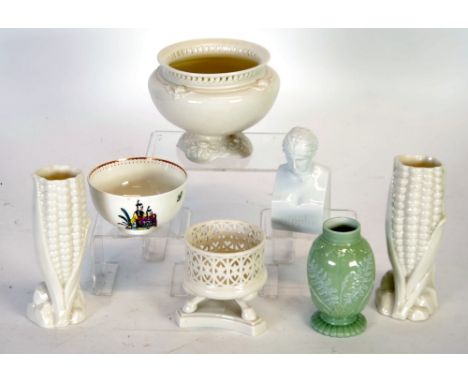 FOUR PIECES OF ROYAL WORCESTER  STYLE CREAM GLAZED PORCELAIN, comprising; PAIR OF CORN PATTERN SPECIMEN VASES, 6" (15.2cm) hi