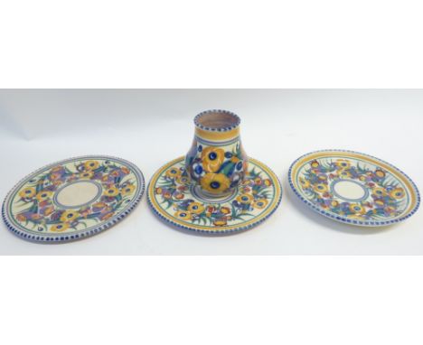 PAIR OF POOLE POTTERY PLATES floral painted in colours within blue dashed rims, 8 1/2" (21.6cm) diameter, together with ANOTH