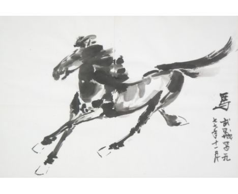 TWENTIETH CENTURY CHINESE INK ON PAPER DRAWING,  of a galloping horse, inscribed with nine characters,  on English paper wate