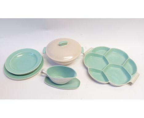 THIRTY PIECE POOLE POTTERY 'TWINTONE' DINNER SERVICE FOR SIX PERSONS, pink and turquoise, comprising six dinner, luncheon, so