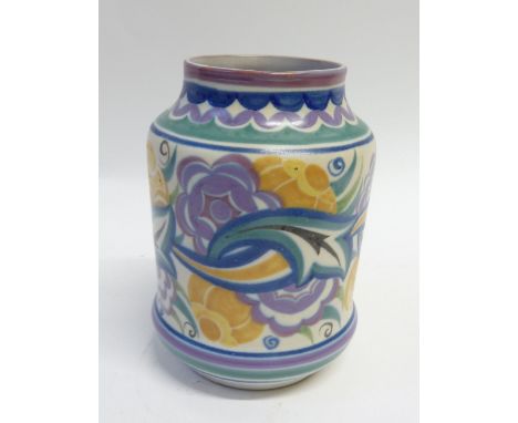 CARTER, STABLER, ADAMS, POOLE POTTERY VASE of footed cylindrical form with tapering neck, floral painted in colours beneath a