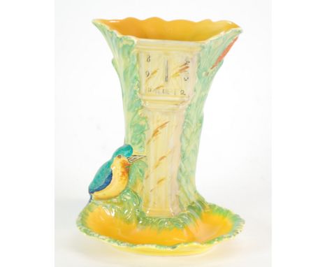 BURLEIGH WARE ART DECO CLOCK TOWER POTTERY SPILL VASE, the vase modelled with pedestal sundial, flanked by leafy foliage and 