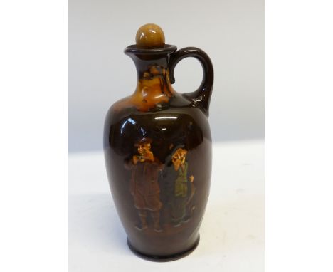 ROYAL DOULTON GILLY AND FISHERMAN KINGSWARE POTTERY FLASK of footed oviform with loop handle and pottery cork top, 9" (22.9cm