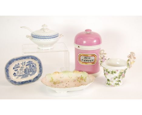LATE NINETEENTH/EARLY TWENTIETH CENTURY POTTERY CHEMIST JAR AND COVER, pompadour pink glazed with gilt lined label 'Acid: T: 
