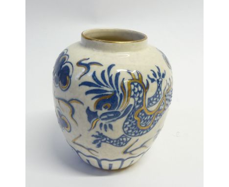 CHARLOTTE RHEAD/BURSLEY WARE 'BLUE DRAGON' DESIGN TUBE LINED POTTERY VASE, of oviod form, highlighted in gilt on a mottled of