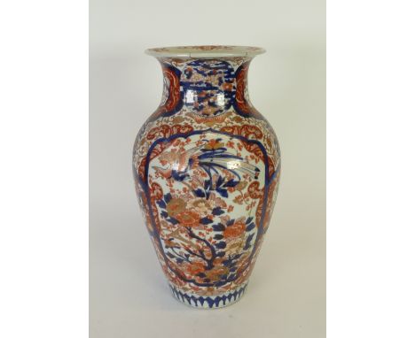 JAPANESE LATE MEIJI PERIOD LARGE IMARI PORCELAIN VASE, oviform with waisted neck, decorated with panels containing exotic bir