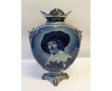 MODERN DUTCH BLUE AND WHITE DELFT LARGE MOON FLASK, typical form with moulded oval rim and base, decorated with a portrait an