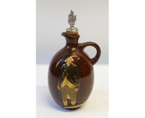 ROYAL DOULTON/DEWAR'S WHISKY CAPTAIN PHILLIP POTTERY FLASK of footed ovoid form with loop handle and Dewar's Whisky Galleon p