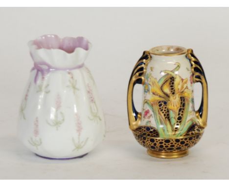 *WILEMAN AND CO., STAFFORDSHIRE THE FOLEY 'FAIENCE' TWO HANDLE POTTERY VASE, painted with yellow flag irises with dark blue a