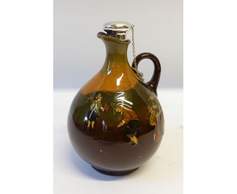 ROYAL DOULTON GOLDING KINGSWARE POTTERY FLASK of footed baluster form with loop handle and cork with sterling silver top and 