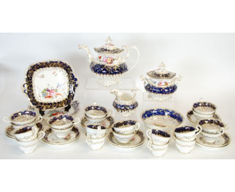 A CIRCA 1830-40 POSSIBLY JOHN RIDGEWAY  PORCELAIN  40 PIECE TEA AND COFFEE SERVICE comprising TEAPOT with cover, SUCRIER and 