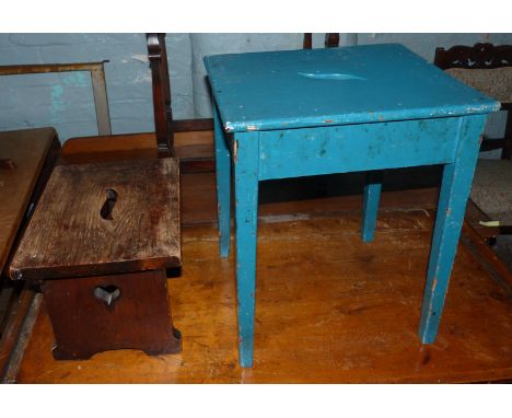 Two Small Stools, One Heavy with Craved Heart Motifs to sides. The other in overpainted light blue. Height of tallest: 46cm 