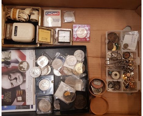 A mixed collection of items to include cased vintage shaver, commemorative coins, costume jewellery, cuff-links etc (1 tray).