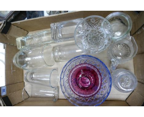 A mixed collection of vintage glass including cranberry bowl &amp; jug, Art Deco blue fruit bowl, vases jugs etc 