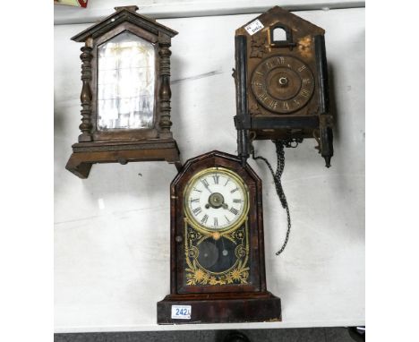 Clock Spares .A collection of wooden cased 19th Century &amp; later mantle / wall clocks , largest 40cm(3) 