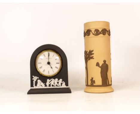 Wedgwood Brown on Yellow Jasper ware Spill Vase &amp; similar Black Basalt Mantle Clock, tallest 17cm(2) 