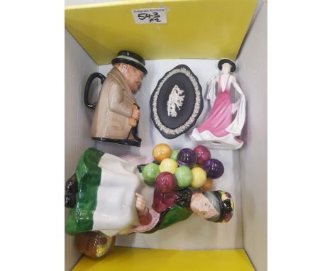 A mixed collection of ceramic items to include black Wedgwood jasperware lidded box, small Royal Doulton Winston Churchill to