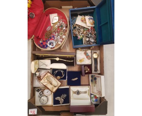 A large collection of vintage costume jewellery to include broches, watches, necklaces, pendants &amp; Mechanical Pocket watc