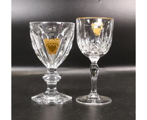 Two De Lamerie Fine Bone China heavily gilded Non Matching Wine Glasses with Bahrain Crest , specially made high end quality 