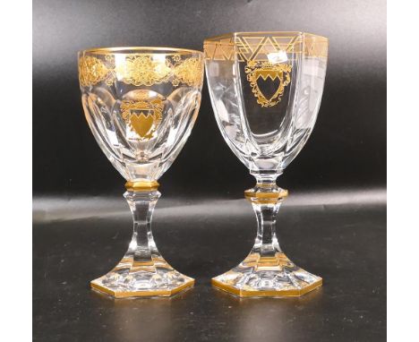 Two De Lamerie Fine Bone China heavily gilded Non Matching TWine Goblets with Bahrain Crest , specially made high end quality