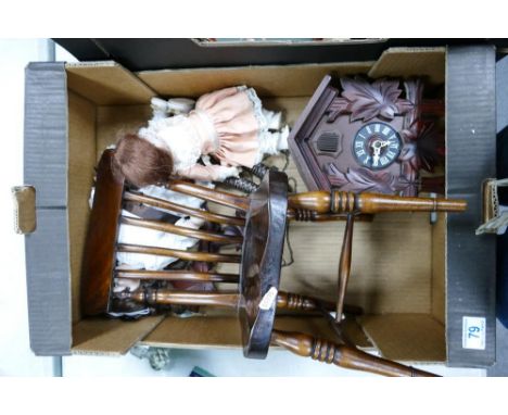 A mixed collection of items to include Porcelain Headed Dolls, large wooden dolls charge &amp; Modern Cuckoo Clock 
