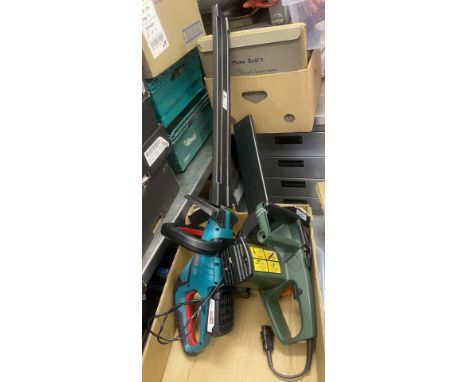 Bosch cordless Hedge trimmer together with 2 batteries and charger together with Black and decker corded Chainsaw