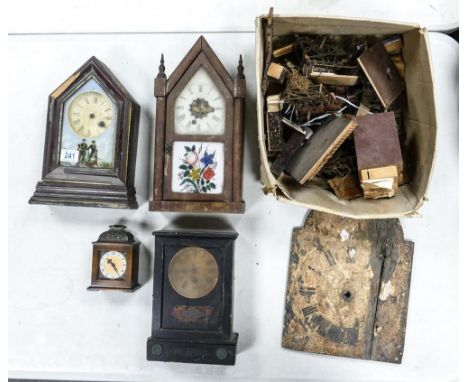 Clock Spares. A collection of wooden cased 19th Century &amp; later mantle clocks &amp; spares, largest 36cm 