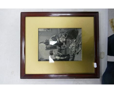 French woven silk picture after the painting by Paul Wagner, Children playing with kittens in basket. Frame size 42cm x 35.5c