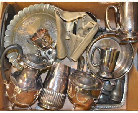 Silver Plate and Pewter - a four-piece tea service, pewter charges, etc 