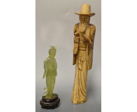 A 19th century Chinese bone figure; a Chinese jade figure (2)