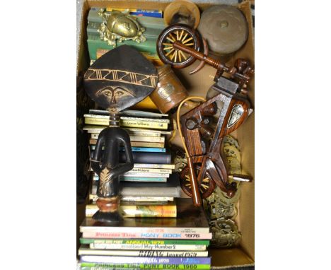 Boxes and Objects - A set of graduated copper storage jars; treen tribal art; a model of a Harley Davidson bike; horse brasse