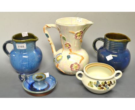 Ceramics - A pair of Bourne Denby Danesby Ware jugs; chamber stick; Arthur Woods jug; etc (5)