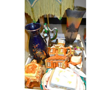 Ceramics and Glass - A Price Cottage Ware four piece tea set and butter dish; an Art Nouveau up lighter lamp with hand painte