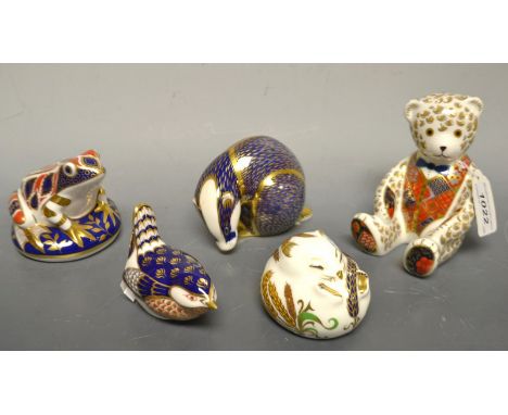 A Royal Crown Derby paperweight, Teddy Bear, gold stopper; another Harvest Mouse, silver stopper, three others, Badger, Frog 