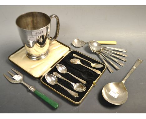 Silver and Plate - silver tea spoons, Birmingham; silver collared fork; officers Derby tankard; etc.