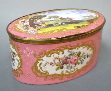 A large South Staffordshire enamel oval box or caddy, hinged cover painted with shepherds and their flock, the side with colo