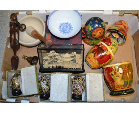 Boxes and Objects - a set of Russian stacking dolls; a Chinese porcelain bowl, boxed; enamel eggs, boxed (3); pestle and mort