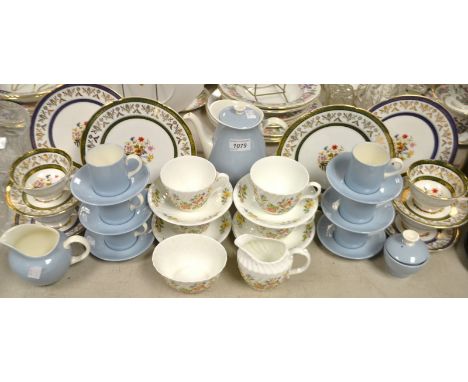 A Wedgwood summer sky coffee service for six; an Aynsley cottage garden tea set for four ; another, Royal Grafton