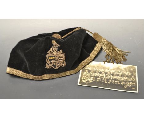 Sport- Rugby - a Marshall & Snelgrove velvet Rugby cap, belonging to D. R. Jennings,  dated 1935, with a photo of the team