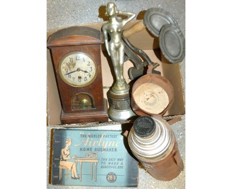 An early 20th century oak miniature longcase clock mantel clock, silvered dial, Arabic numerals; a Thermos flask, leather cas