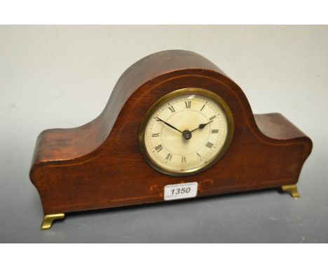 An Edwardian mahogany inlaid mantel clock, brass scroll feet, 32cm wide